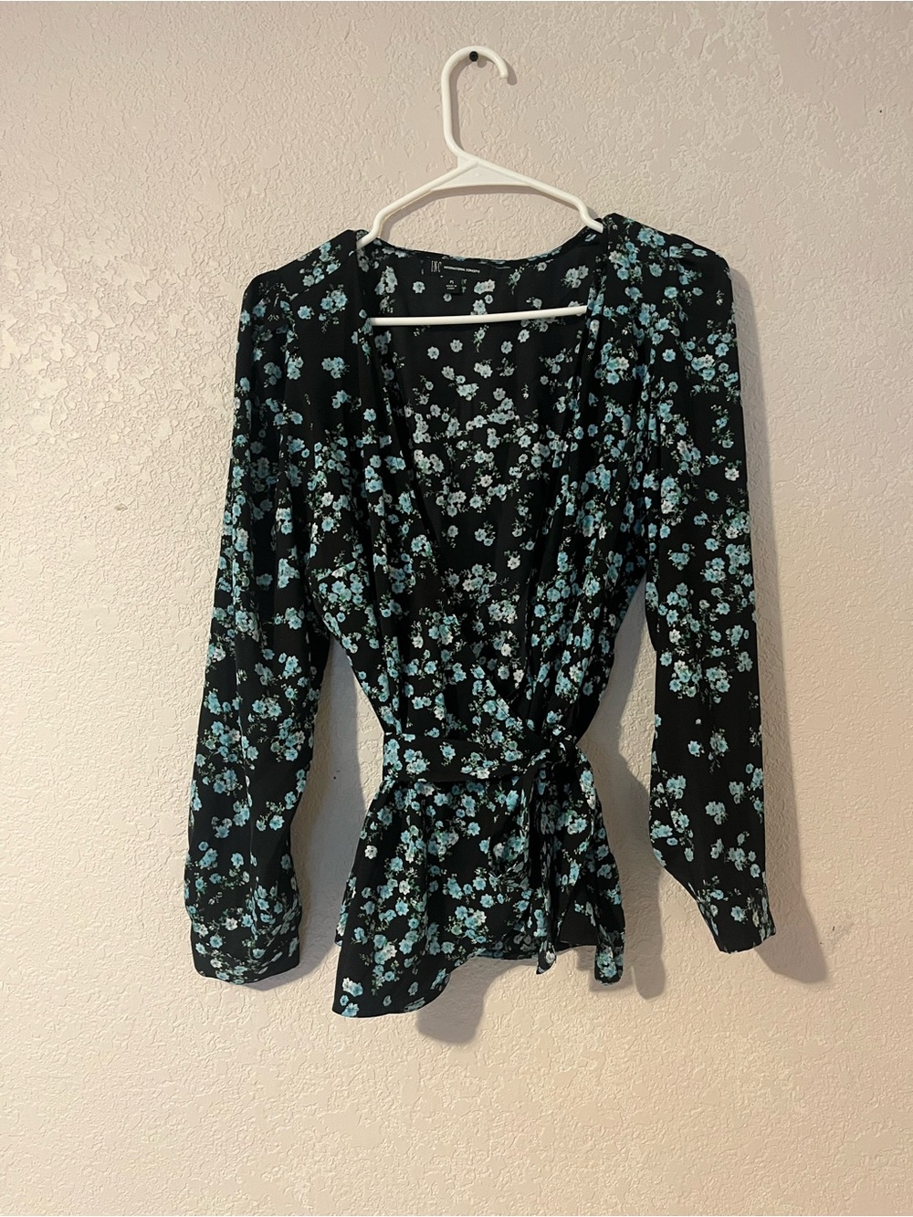 INC International Concepts Black Floral Wrap Blouse with Teal Flowers